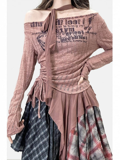 Reddish Brown Millard Fashion Letter Print Striped Pattern Asymmetrical Hem Top + Scarf