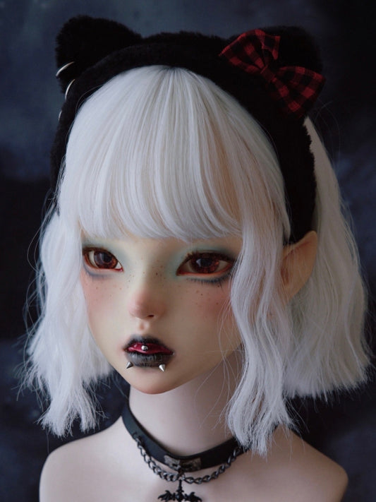 Black Cat Ear With Red Plaid Pattern Bowknot And Heart Charm Details KC