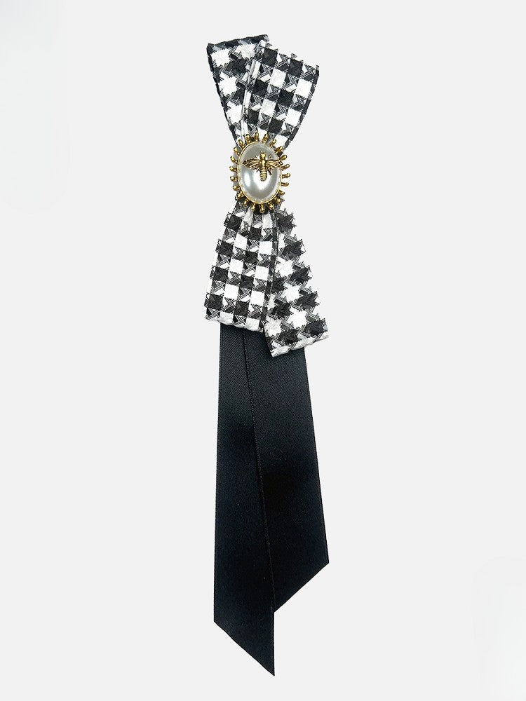 Black Bee And Beaded Decorated Houndstooth Pattern Bowknot Design Neck Tie