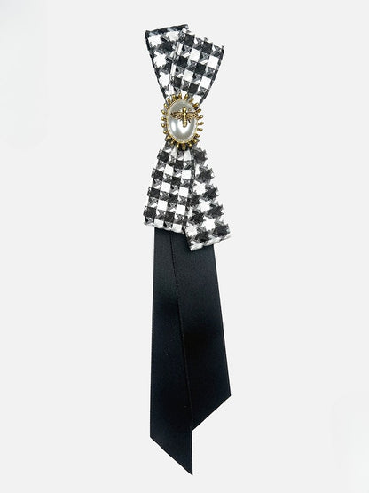 Black Bee And Beaded Decorated Houndstooth Pattern Bowknot Design Neck Tie