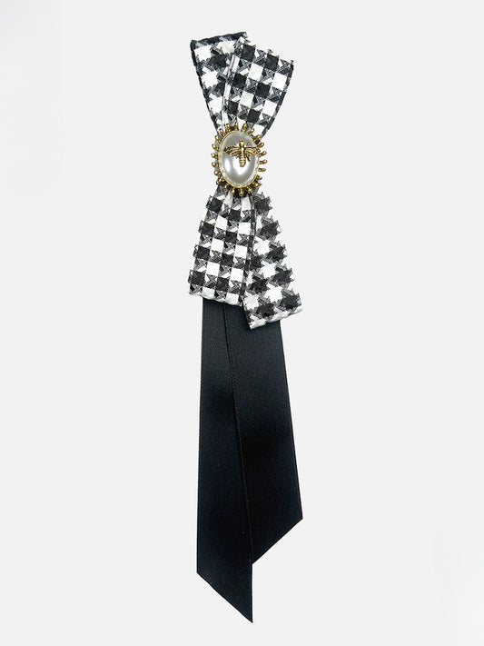 Black Bee And Beaded Decorated Houndstooth Pattern Bowknot Design Neck Tie