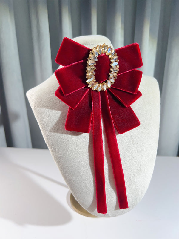 Rhinestoned Velvet Big Bow Brooch Wine Red / Black / Dark Green