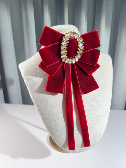 Rhinestoned Velvet Big Bow Brooch Wine Red / Black / Dark Green