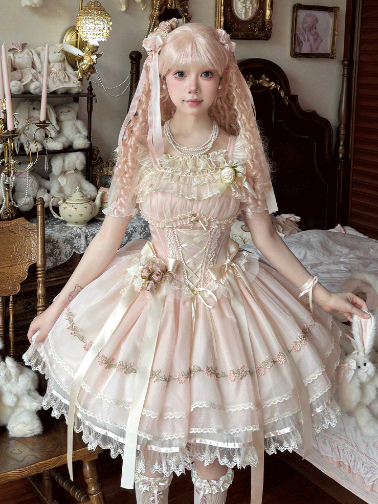 Pink Ribbon Bowknots Decoration Boned Waist Balletcore Sweet Lolita Dress Flutter Sleeves JSK