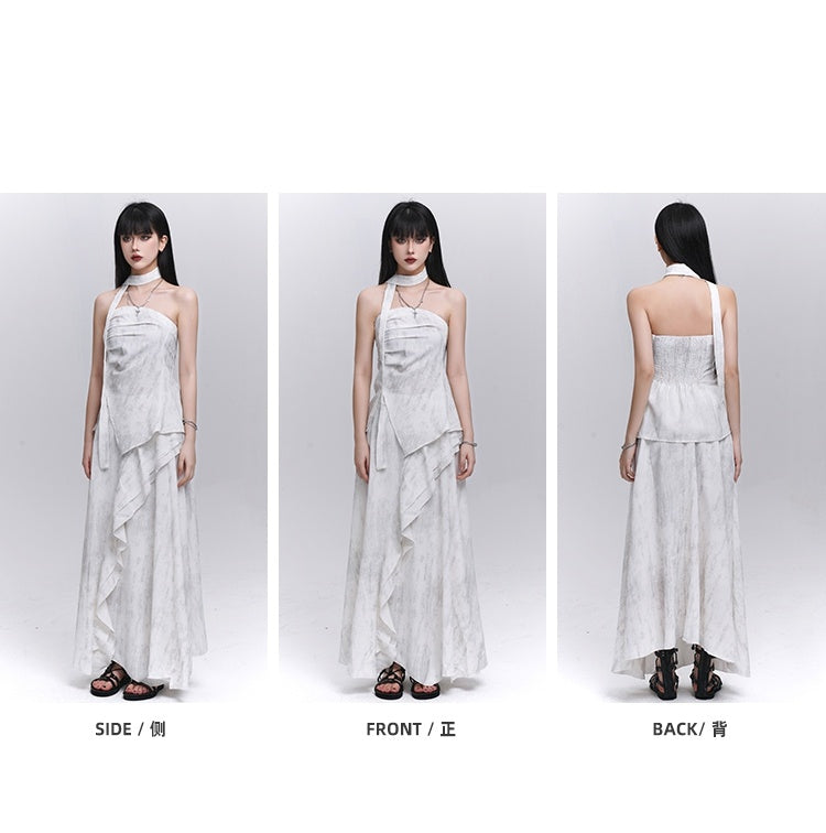 Off-white Side Slit Strapless Top with Scarf / Elastic Waist Cascading Ruffle Trim Skirt