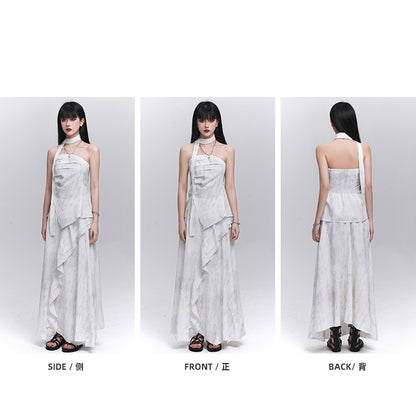 Off-white Side Slit Strapless Top with Scarf / Elastic Waist Cascading Ruffle Trim Skirt