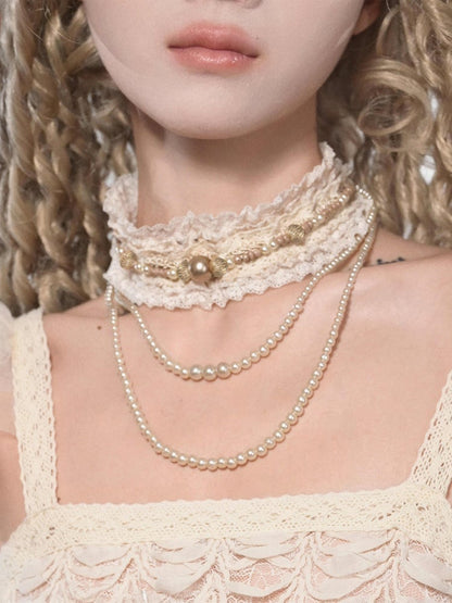 Cream Lace Choker with Detachable Bead Chain