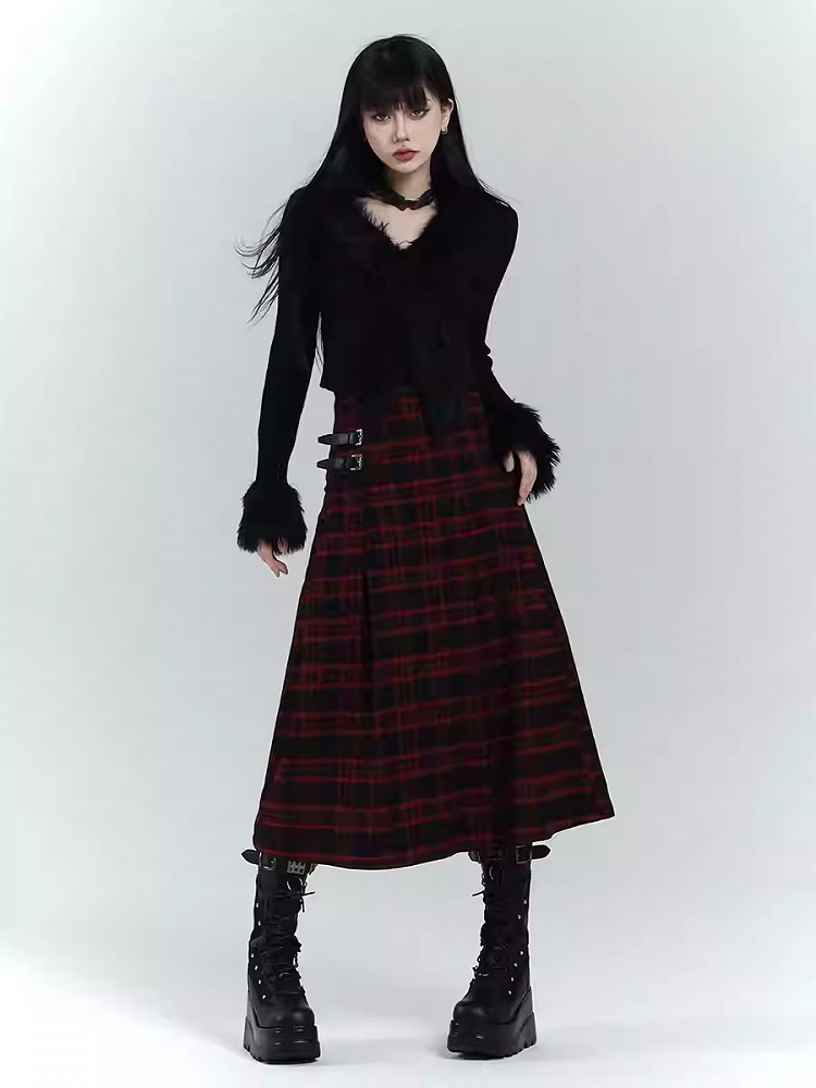 Black & Red Plaid  Double Buckles Midi Length Skirt