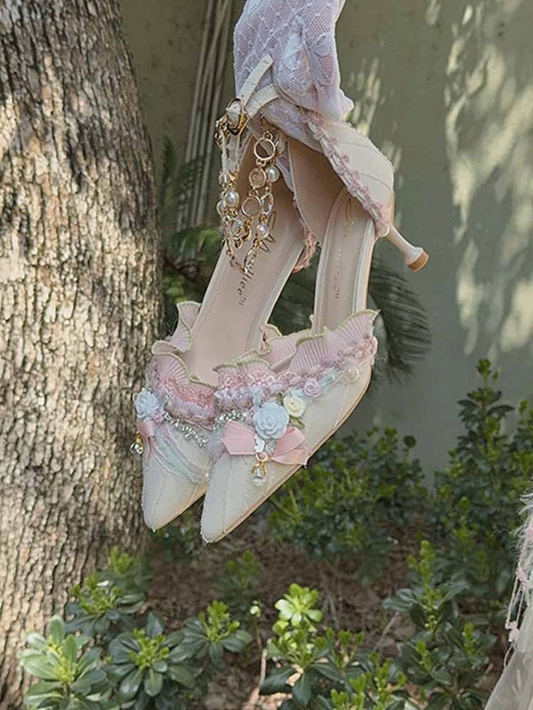 Light Pink Floral Design Pointed Toe Hime Lolita 5CM/7CM Heels