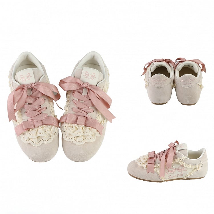 Pink Sweet Lolita Balletcore Front Lace-up Ties Lace Trim Sneakers