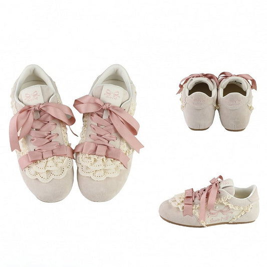 Pink Sweet Lolita Balletcore Front Lace-up Ties Lace Trim Sneakers