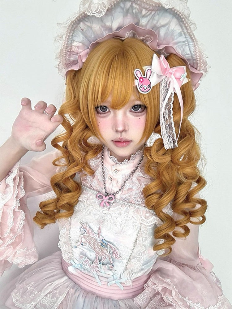 Yellow 30CM Length Synthetic Wig With Double Ponytail Claw Clips