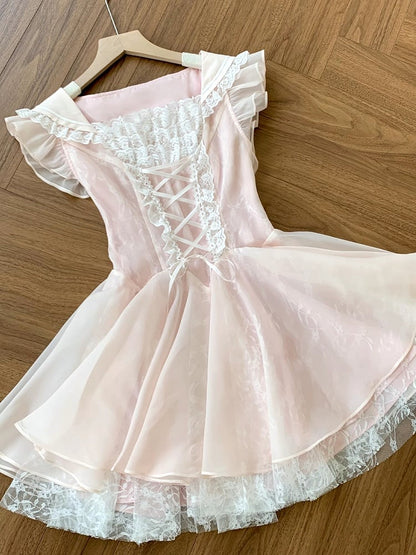 Pink Lace-up Waist Lace Trim Flutter Sleeves Balletcore Dress