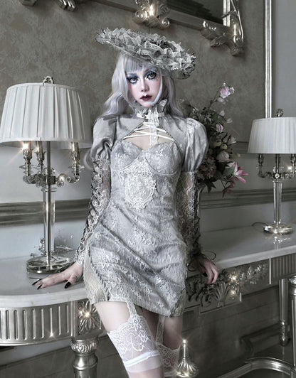 Clearance - Size M for Shoulders 32CM Rose Funeral Gothic Stand Collar Long Sleeves Cropped Jacket