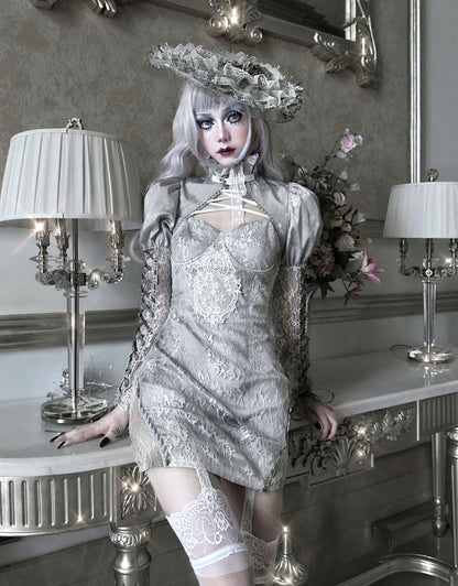 Clearance - Size M for Shoulders 32CM Rose Funeral Gothic Stand Collar Long Sleeves Cropped Jacket