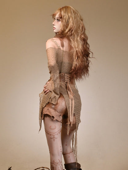 Wasteland Punk Light Brown Asymmetrical Neckline Knitted Sweater  With Butterfly And Chain Decorated Harness