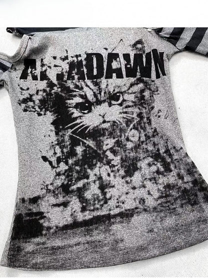 Dark Gray Cutout Shoulder Striped Pattern Print Design Hoodie Top