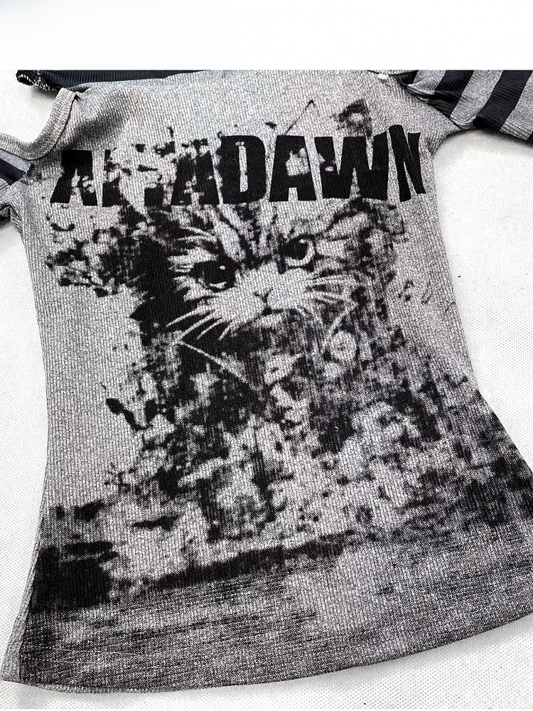 Dark Gray Cutout Shoulder Striped Pattern Print Design Hoodie Top