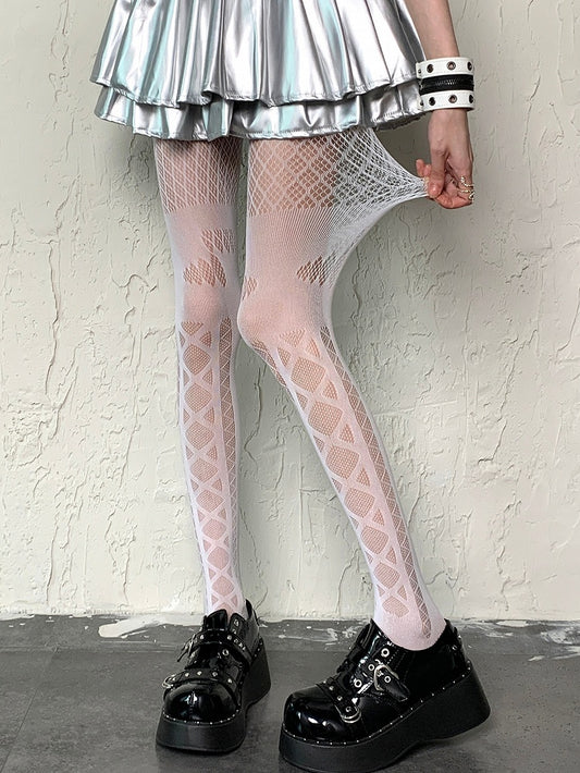 White Y2K Crisscorss Banded Diamond Pattern Tights