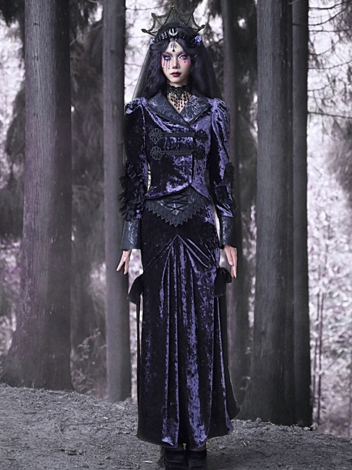Gothic Purple Velvet Lace-up High Waist Maxi Fishtail Skirt