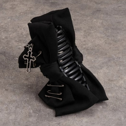 Gothic Pins Decorated Black Bow Claw Clip with Cross Chain