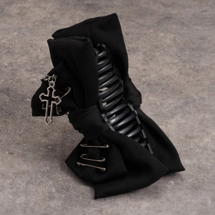 Gothic Pins Decorated Black Bow Claw Clip with Cross Chain