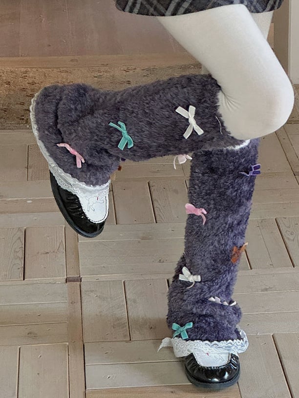 White/Purple/Camel/Light Grey Sweet Bowknot Lace Trim Leg Warmers