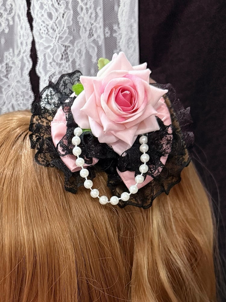 Black&Pink Floral Design Beaded Charm Lace Trim Bowknot Hairclip