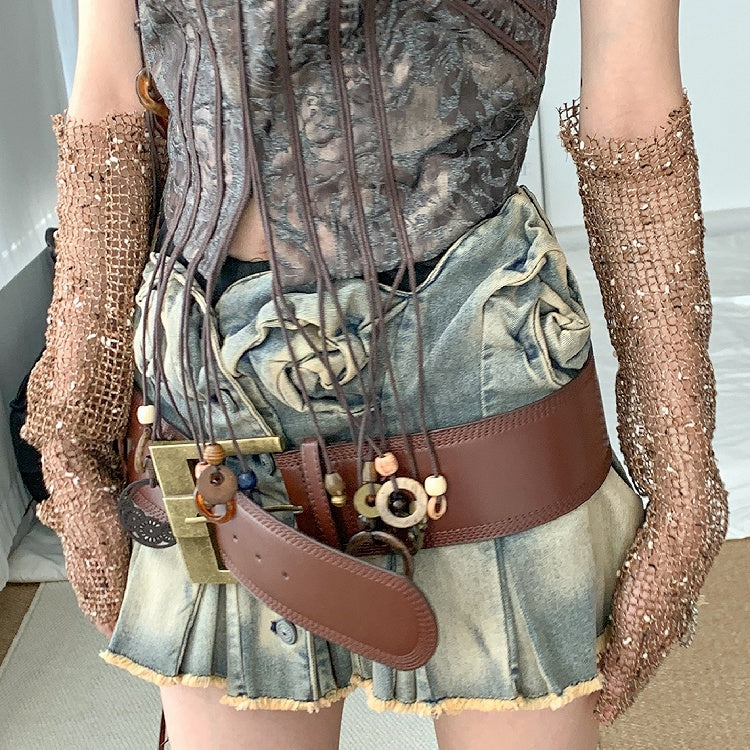 Brown Wasteland Punk Cross Charm Fishnet Sleeves