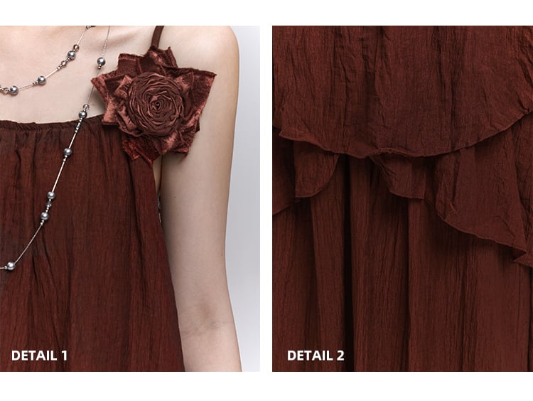 Wine Red Floral Embellished Cami Top with Scarf / Elastic Waist Skirt