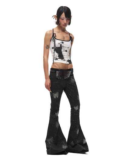 Pink/Black Big Bow Stud Details Rhinestones Embellished Waist Belt