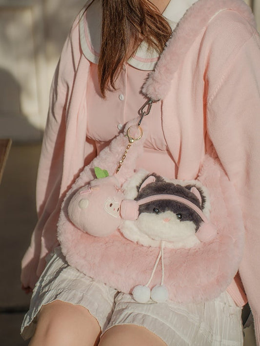 Pink Cute Kitty Plush Shoulder Bag With Pompons