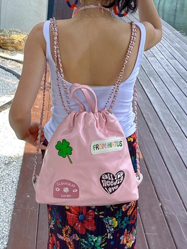 Sweet Pink Diamond Quilted Drawstring Backpack With Clover And Letter Embroidery