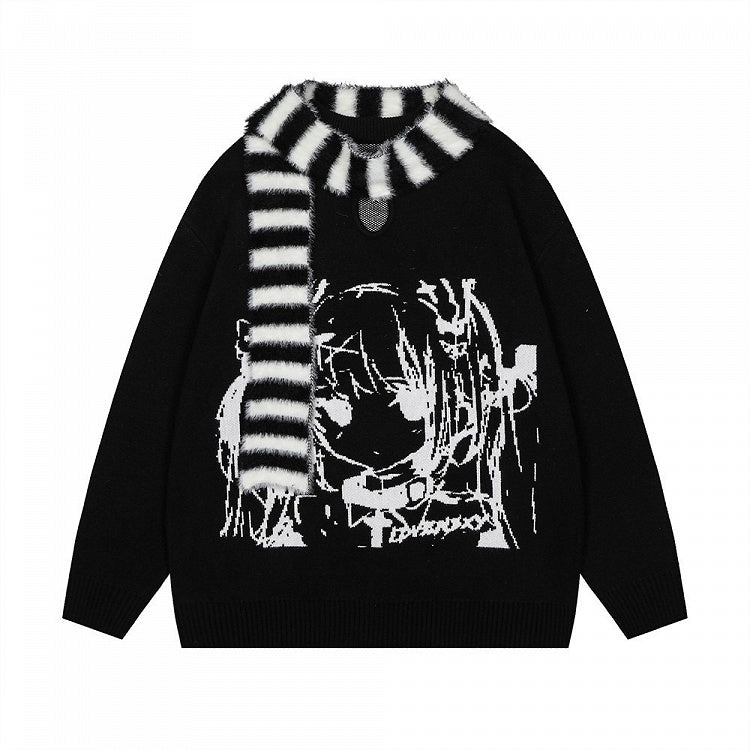 Black Jira Kei Sweater with Manga Girl Design