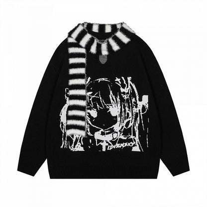 Black Jira Kei Sweater with Manga Girl Design