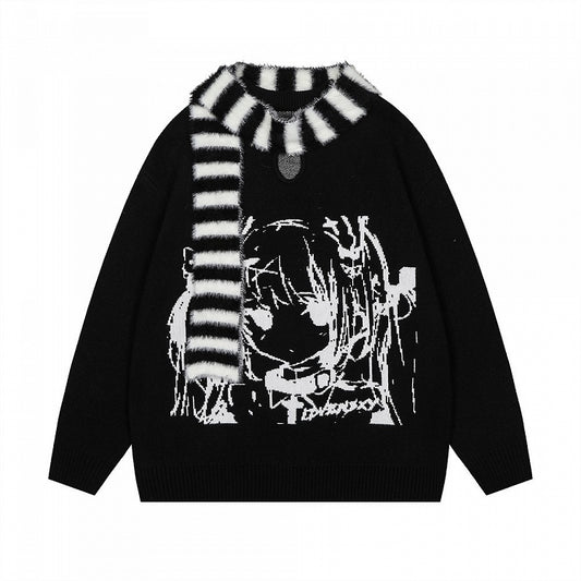 Black Jira Kei Sweater with Manga Girl Design