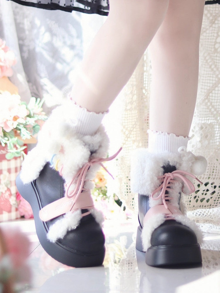 Thick Sole with Plush Rabbit Decor & Dual Closure System Black Snow Boots in Sweet Lolita