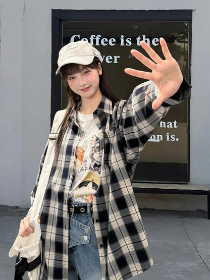 Navy Blue Front Button Placket Vintage Plaid Shirt