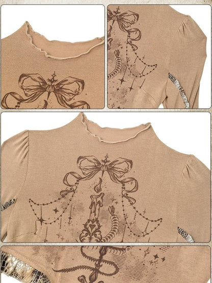 Brown Wasteland Punk Snakeskin Pattern Print Design Bell Sleeves Top