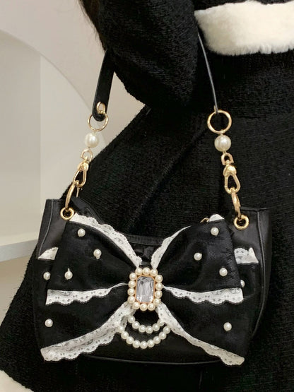 Beads & Rhinestone Decor Bow Accent Satin Black Shoulder Bag in Sweet Lolita