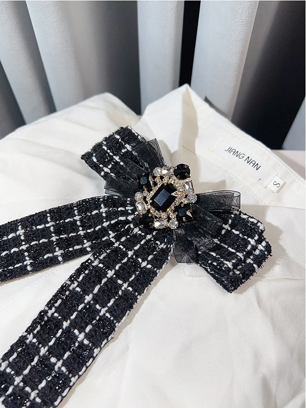 Black/White Rhinestone Decorated Plaid Pattern Bow Tie