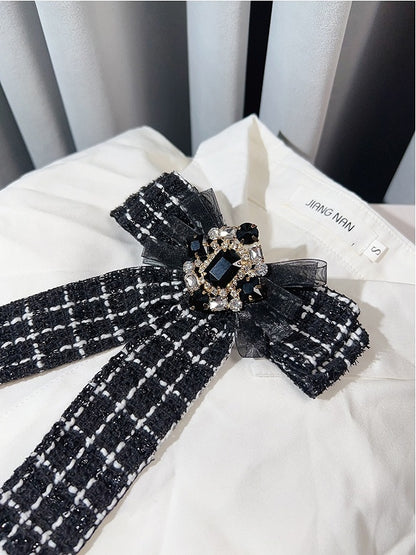 Black/White Rhinestone Decorated Plaid Pattern Bow Tie