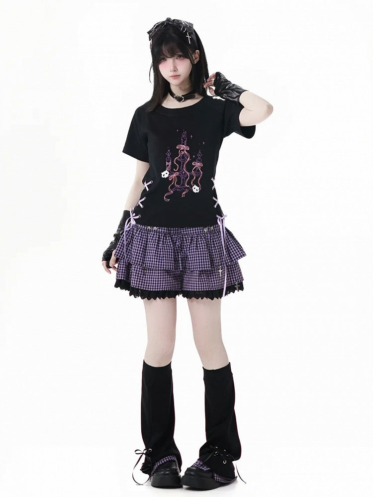Purple Plaid Hem Black Lace-up Details Leg Warmers