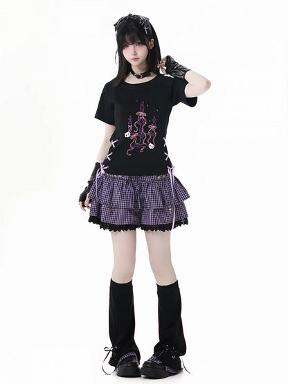 Purple Plaid Hem Black Lace-up Details Leg Warmers