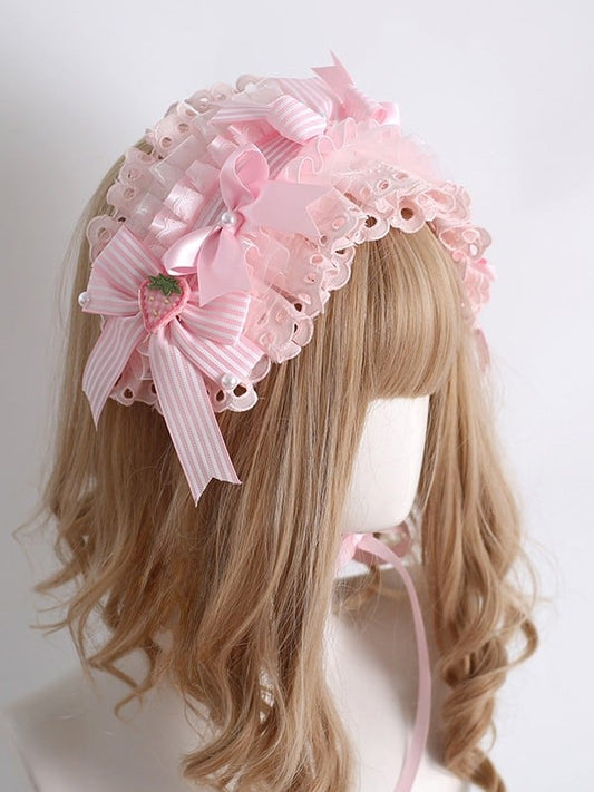 Pink/Red Sweet Lolita Strawberry Decorated Striped Pattern Bowknot Details Ruffled Hairband