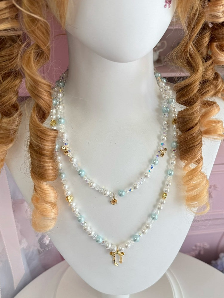 Pink/Blue Bowknot And Floral Pendant Beaded Necklace