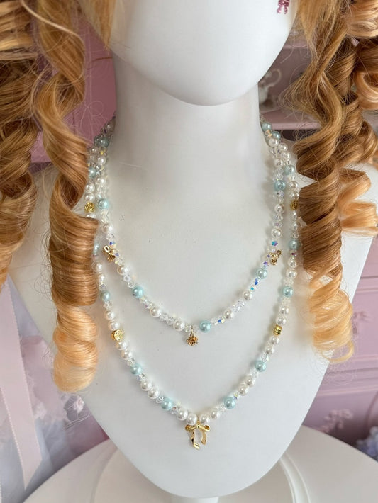 Pink/Blue Bowknot And Floral Pendant Beaded Necklace