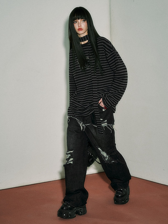 Black and Gray Striped Punk Pins Star Loose Long Sleeves Top