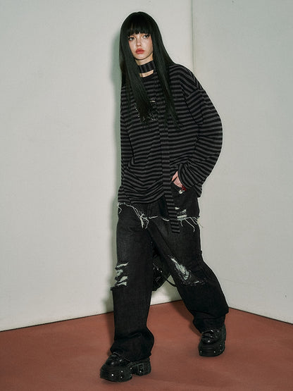 Black and Gray Striped Punk Pins Star Loose Long Sleeves Top