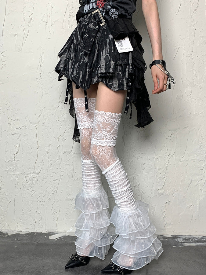 White Bittersweet Floral Pattern Over-knee Stockings